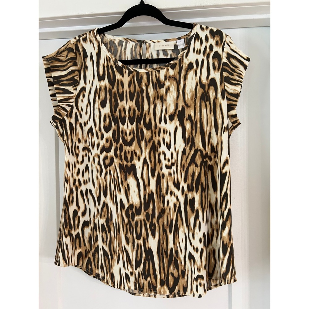 Chicos Animal Print Cap Sleeve Blouse Brown Tan Size 1 Medium Safari Leopard